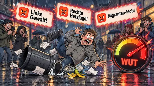 Leute rutschen auf nasser Straße aus, über ihnen leuchten Schlagzeilen und ein Wut-Tacho.