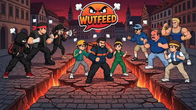Auf einem aufgerissenen Platz prügeln sich alle gegen alle, über ihnen ein wütendes Emoji.